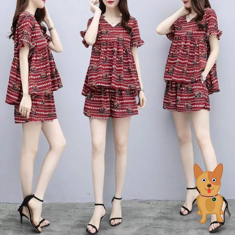 2020 new large size women's dress spring summer fit two style printed short sleeve blouse shorts casual fashion suit female tide