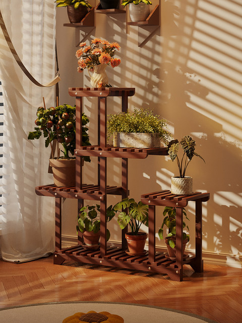 Solid Wood Multi-Layer Flower Stand, Floor-Standing Ladder-Type Plant Stand, Home Indoor Balcony Storage Rack, Retro Display Rack