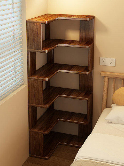 All-Solid Wood Bookshelf, Floor-Standing Storage Rack, Corner Display Piece, Figurine Cabinet, Antique-Style Bookcase, Storage Display Cabinet, Charcoal-Grilled Color