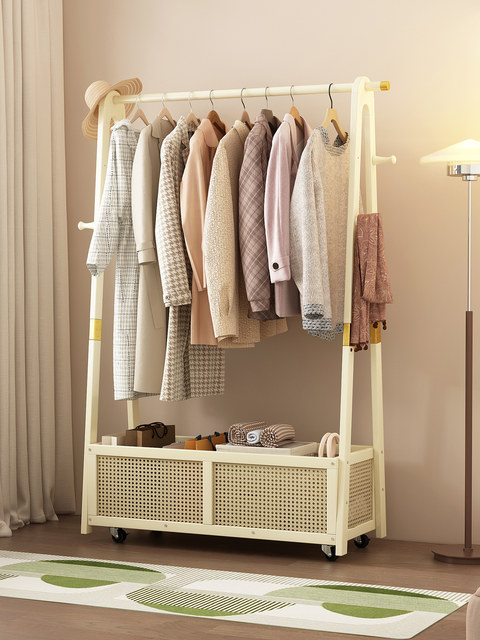 Floor-Standing Coat Rack, Movable Simple Bedside Clothes Storage Rack, Entryway Solid Wood Bedroom Standing Clothes Rack