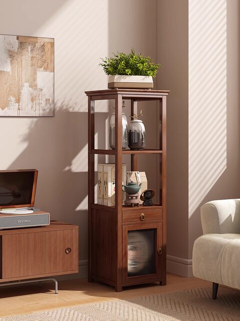 Antique-Style Small Narrow Shelving Unit for Tea Room, Tea Leaf Rack, Tea Cabinet, and Decorative Display Shelf