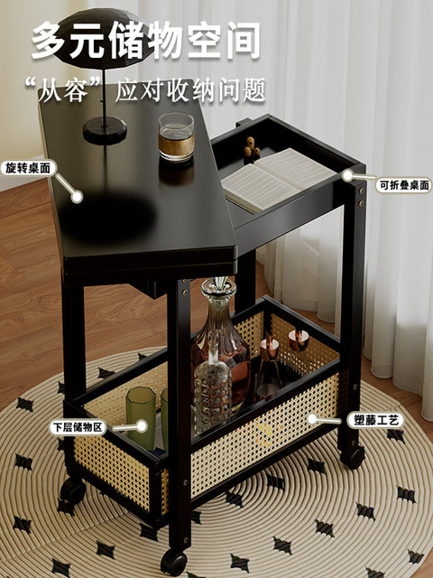 Movable Folding Small Table, Living Room Sofa Side Cabinet, Household Small Table, Vintage Style Solid Wood Small Apartment Trolley
