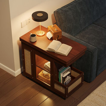 Bamboo Mid-Century Style Coffee Table with Doors, Movable, Rotating, Foldable Side Table with Storage, Modern Minimalist Living Room Side Table