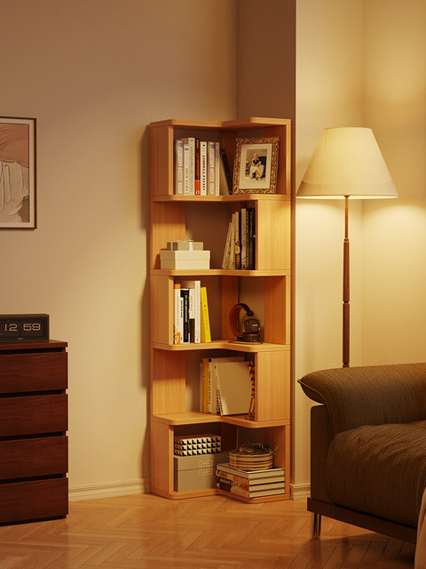 All Solid Wood Integrated Corner Bookshelf Against the Wall, Floor-Standing Narrow Cabinet, Household Storage Rack, Corner Storage Rack, Bookcase, Storage Cabinet