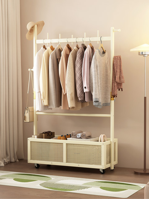 Floor-Standing Coat Rack, Movable Simple Bedside Clothes Storage Rack, Entryway Solid Wood Bedroom Standing Clothes Rack