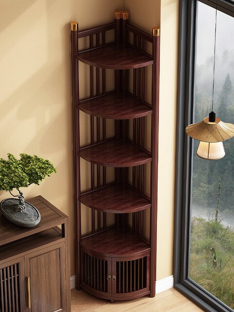 New Chinese-Style Solid Wood Corner Shelf for Home Use, Simple Antique Light Luxury Corner Cabinet with Doors, Attractive Corner Storage Rack