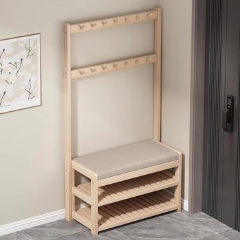 Solid Wood Coat Rack, Home Entryway Shoe Rack, Multifunctional Integrated Shoe-Changing Bench, Door-Side Clothes Hook, Entryway Floor-Standing Shoe Cabinet