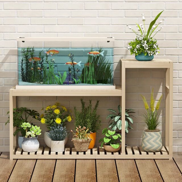 All-Solid Wood Integrated Flower Stand Floor-Standing Ornament Rack Living Room Small Fish Tank Stand Indoor Flower Stand Hanging Orchid Pot Stand