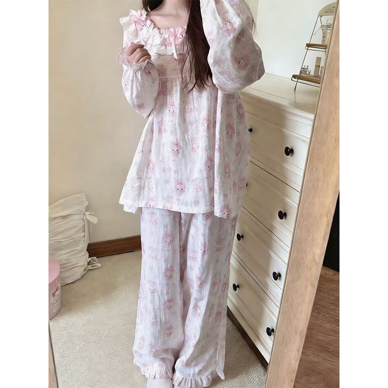 Cartoon Melody Pajamas for Women, Spring and Autumn Long-Sleeved Sweet and Cute Ruffled Doll Shirt That Can Be Worn Outside as a Set Cartoon Melody Pajamas for Women, Spring and Autumn Long-Sleeved Sweet and Cute Ruffled Doll Shirt That Can Be Worn Outside as a Set