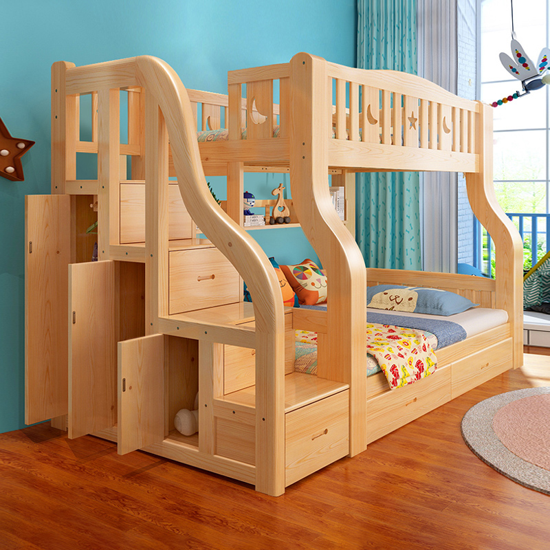 Bunk bed bunk bed multi-functional two-layer children's wooden bed all solid wood upper and lower bunk wardrobe integrated high and low child mother bed