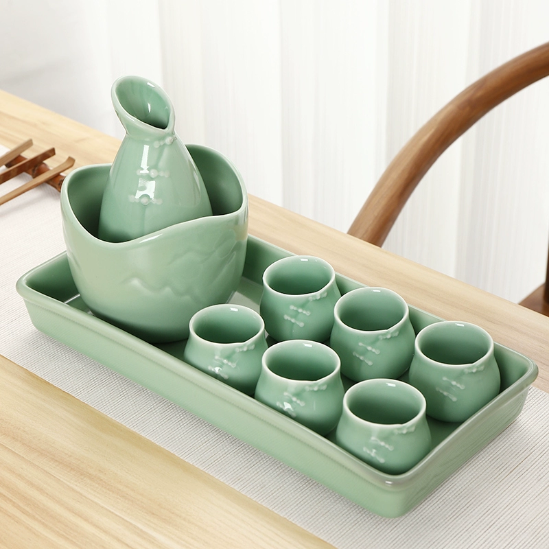 Bộ rượu vang Celadon ấm rượu ly chia rượu vang Trung Quốc gốm nhỏ bình rượu ly hoàn chỉnh với khay ấm nồi rượu nhà - Rượu vang