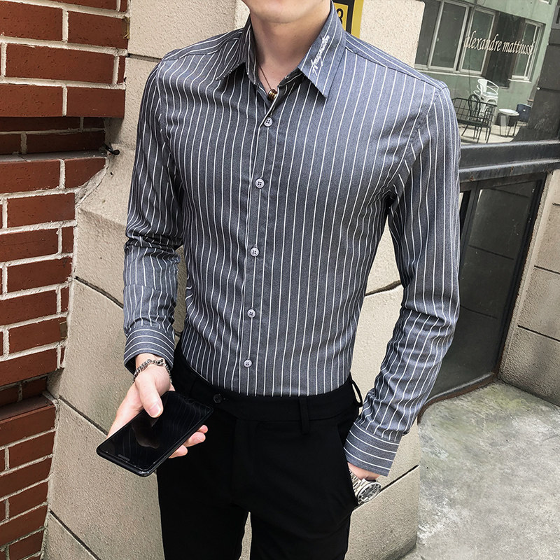 秋装条纹长袖衬衫男潮流帅气休闲衬衣韩版修身男士商务男装寸免烫