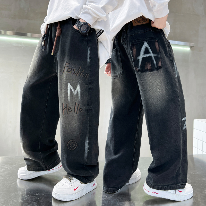 男の子パンツ 2025 春と秋の新スタイル 中大サイズの子供用 ハンサムプラス ベルベット ボーイズ ストレート ジーンズ 子供用 ワイドレッグ パンツ