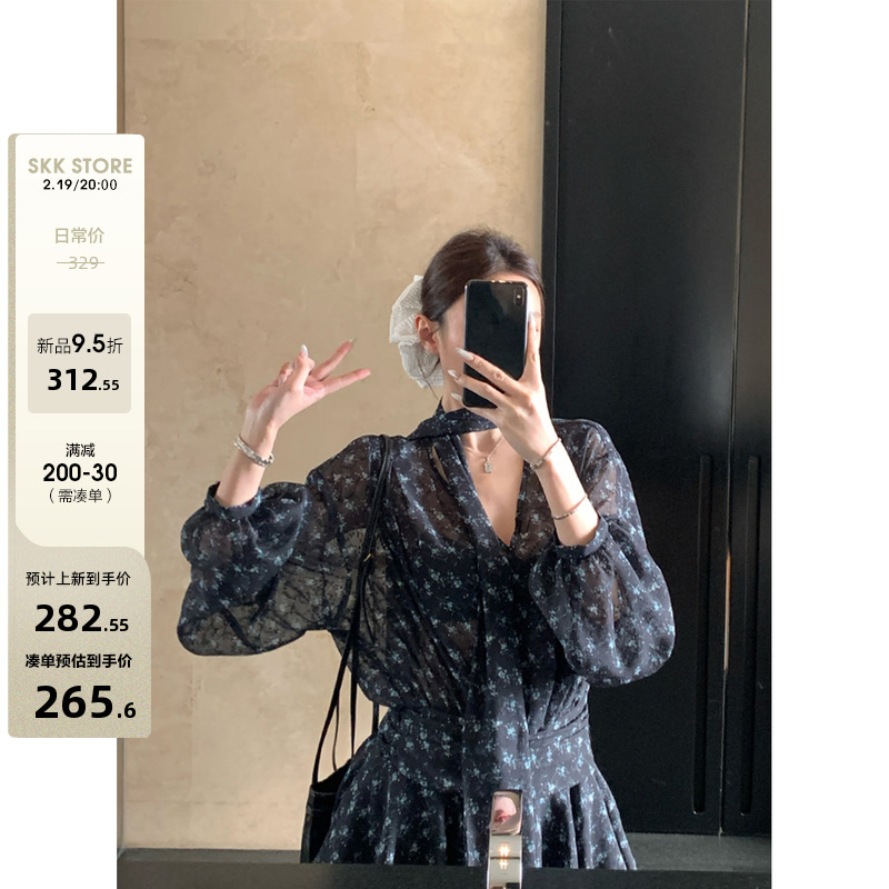 Skk ストア ローズマリー ハサウェイ 竹リネン V ネック ドレス 女性 夏 新作 プリーツ 花柄 シフォン スカート