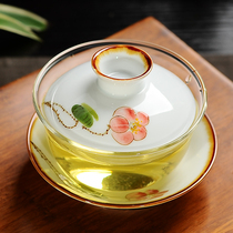 Large three-year glass cover bowl thickened heat-resistant single tea set Tea brewing hand-painted cover bowl Household Japanese tea bowl set