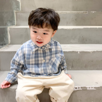 Boy shirt with long sleeves pure cotton foreign air 2022 Spring and autumn thin section Korean version of kindergarten blouses baby plaid shirt
