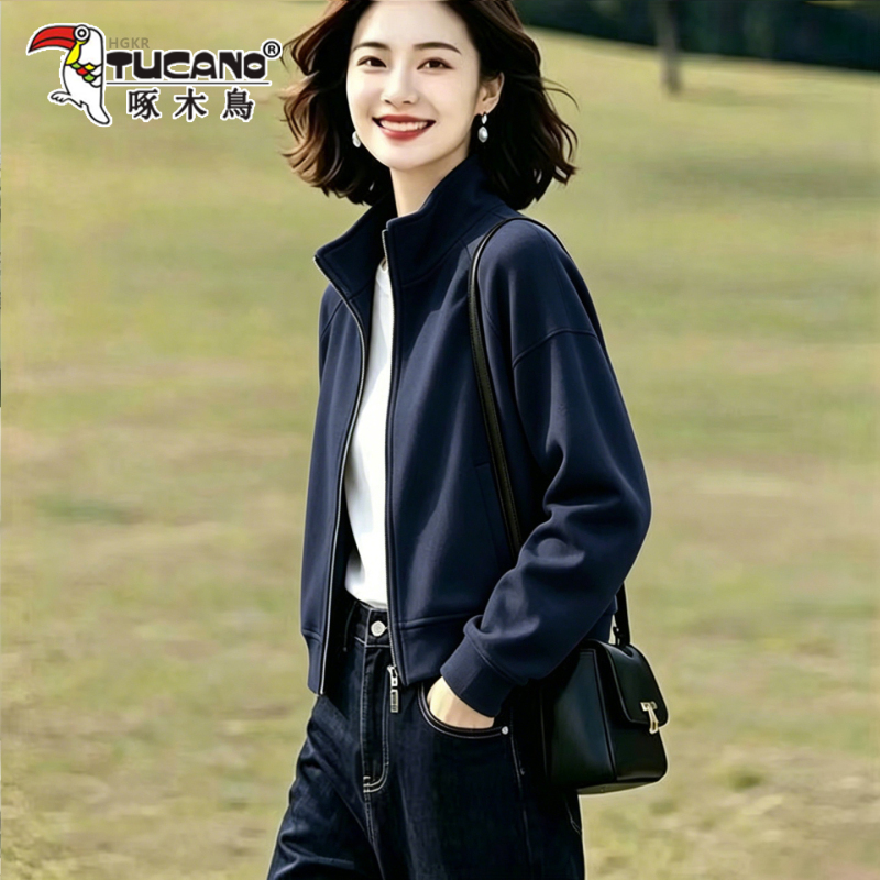 Woodpecker Casual Style Stand-Up Collar Zipper Short Jacket for Women, Autumn 2026 New Loose Sweatshirt Long-Sleeve Sports Top