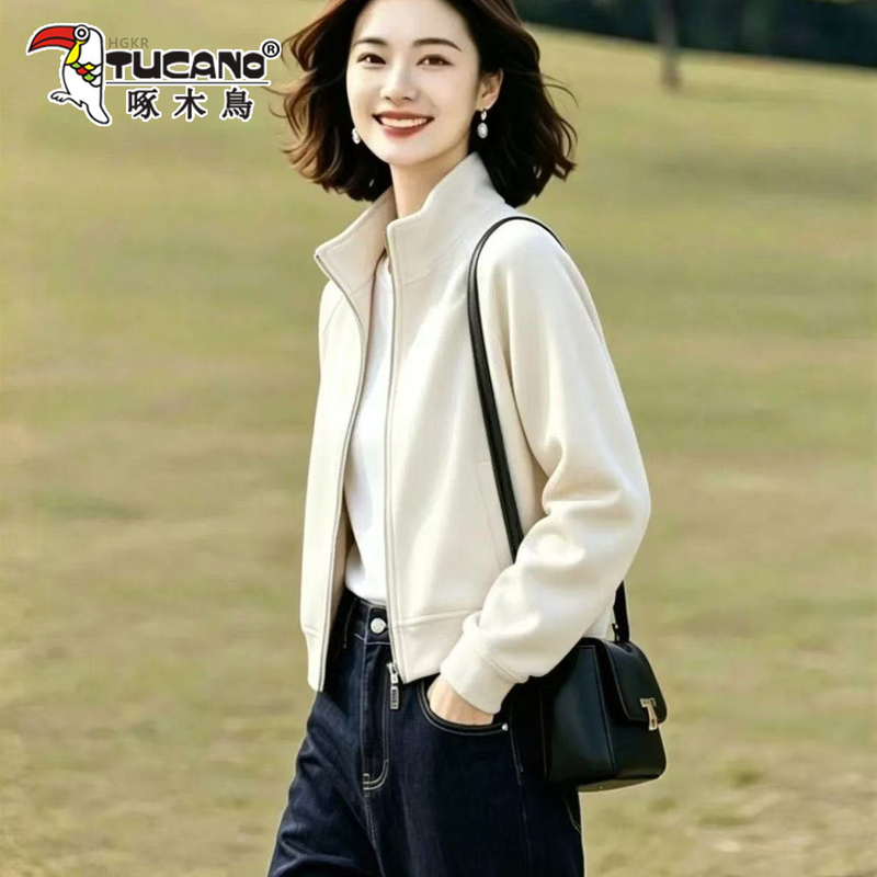 Woodpecker Fashion Stand-Up Collar Short Jacket for Women, Autumn 2026 New Slim-Fit Zipper Jacket, Casual Outerwear