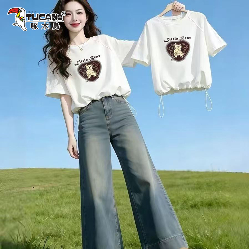 Woodpecker White Patchwork Drawstring Hem Short-Sleeve T-Shirt for Women, Summer 2026 New Slim-Fit Design Trendy Top