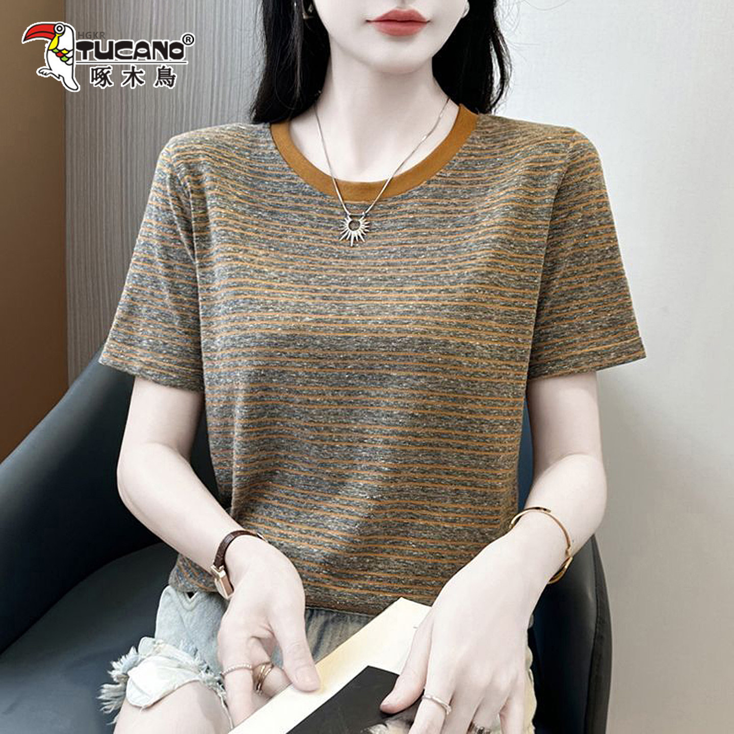 啄木鸟条纹短袖T恤女装夏季新款圆领显瘦百搭高级感洋气休闲上衣