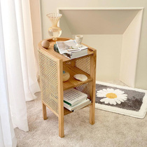 Ancient small fish solid wood rattan bedside table retro Korean side cabinet CANE tea table small side several bedroom lodging ins wind