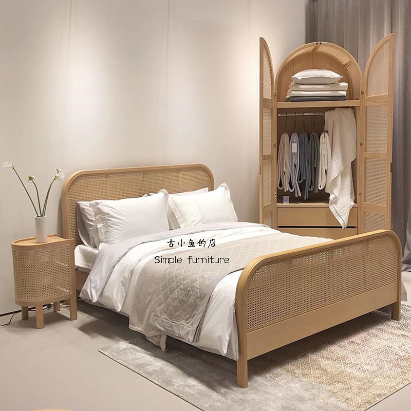 Gu Xiaoyu Nordic solid wood bed Hotel bed and breakfast Master bedroom bed Japanese rattan bed Designer 1 8-meter double bed