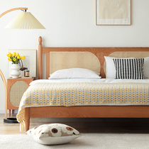 Nordic retro rattan bed master bedroom cherry wood solid wood double bed 1 8m small apartment home 1 5m Japanese style bed