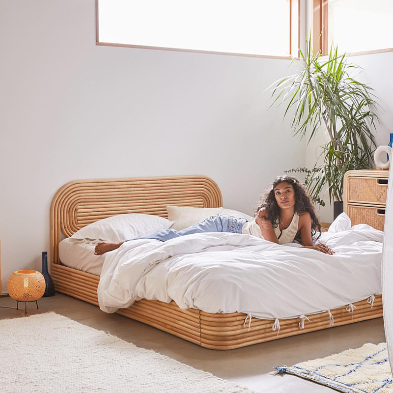 Nordic rattan bed double bedroom rattan bed simple Japanese 15m single bed B&B hotel creative rattan bed