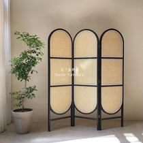 Ancient small fish solid wood rattan screen partition hotel hostel porch wall blocking ins wind movable folding screen partition