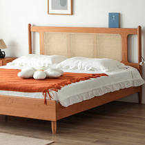 Japanese solid wood bed cherry wood soft package double bed retro small apartment home B&B 1 8m wedding bed rattan bed