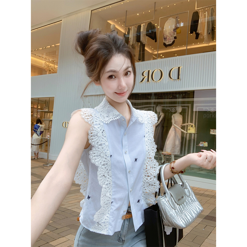 Fish Rabbit French-Style Sleeveless Lace-Trimmed Shirt Top for Women, 2026 Summer New High-End Blue Shirt Fish Rabbit French-Style Sleeveless Lace-Trimmed Shirt Top for Women, 2026 Summer New High-End Blue Shirt