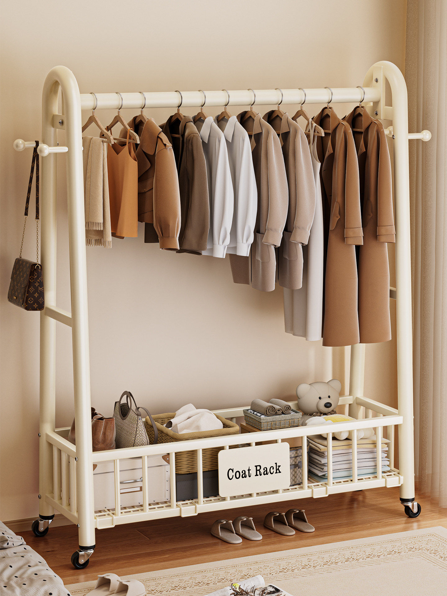 German Minimalist Coat Rack Indoor Floor-Standing with Wheels Multifunctional Balcony Living Room Mobile Storage Rack