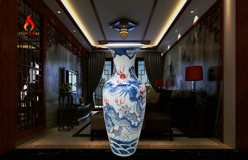 Thousands of flame jingdezhen ceramics landing big sitting room is blue and white porcelain vase youligong red dragon grain hotel handicraft furnishing articles