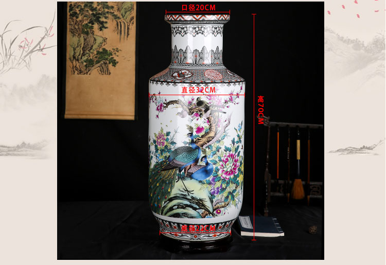 Jingdezhen ceramics large vase sitting room place Chinese peony riches and honour auspicious figure peacock fireworks bottle arranging flowers