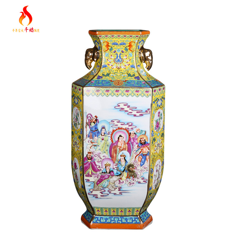 Jingdezhen ceramics vase archaize ears like pastel group fairy figure Chinese birthday six bottles of sitting room place