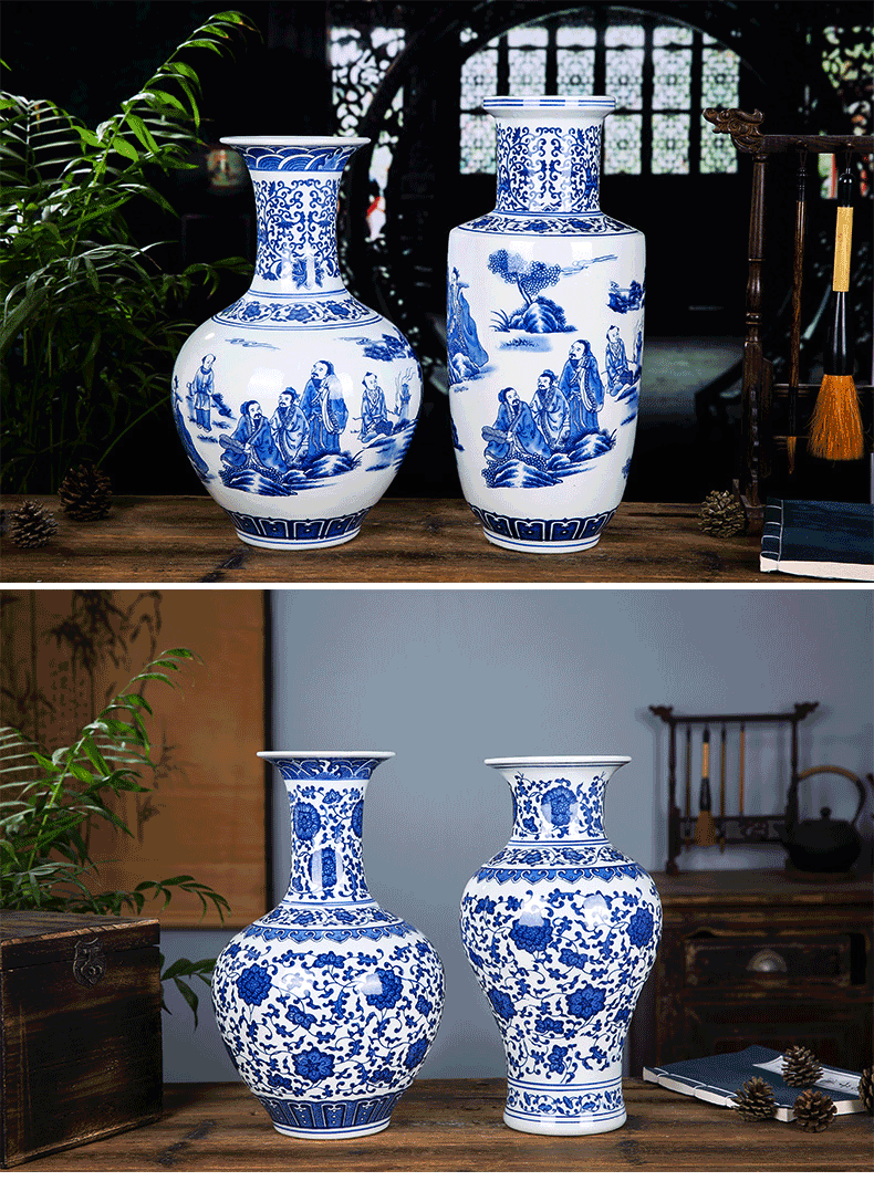Jingdezhen ceramics antique blue and white porcelain vases, flower arranging new Chinese style living room decorations rich ancient frame furnishing articles