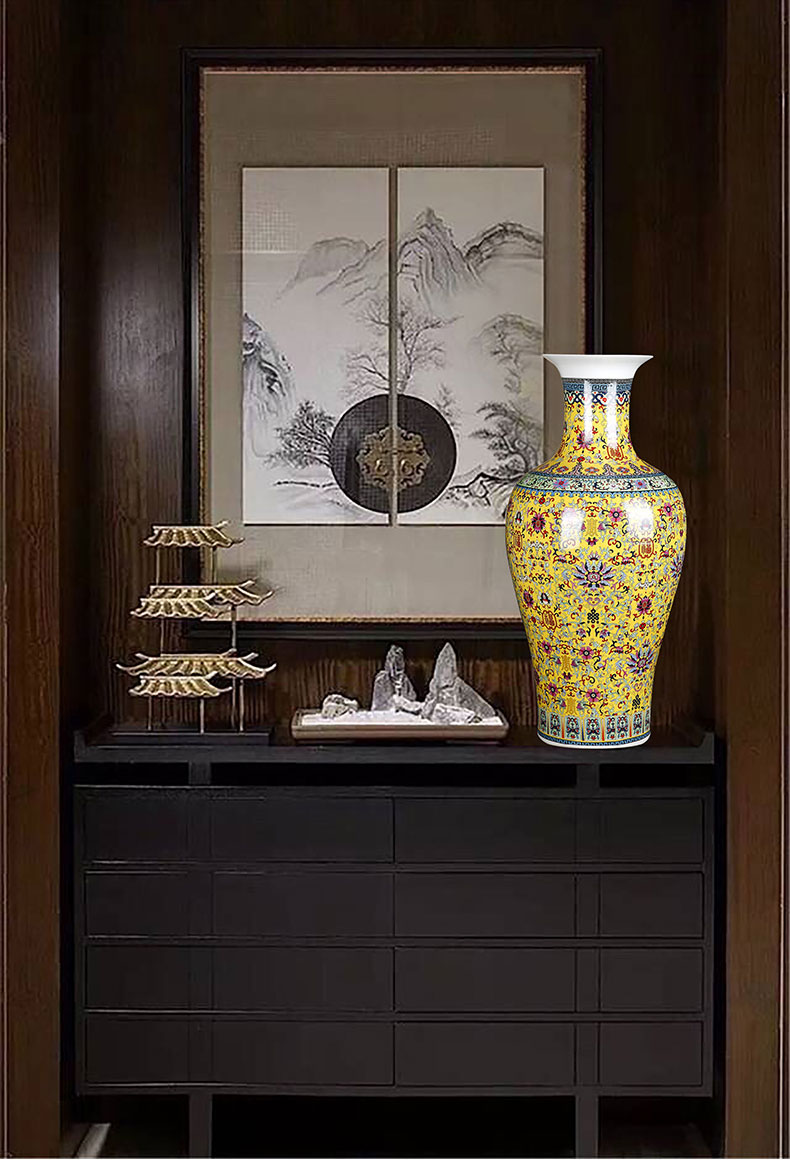 Jingdezhen ceramic yellow colored enamel big vase fu lu shou home flower arrangement sitting room adornment TV ark, furnishing articles