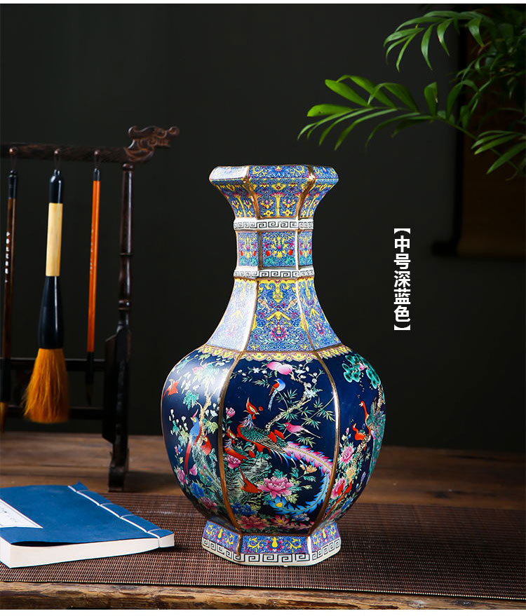 Jingdezhen ceramic colored enamel vase six sides antique Chinese flower arranging rich ancient frame home decoration furnishing articles sitting room