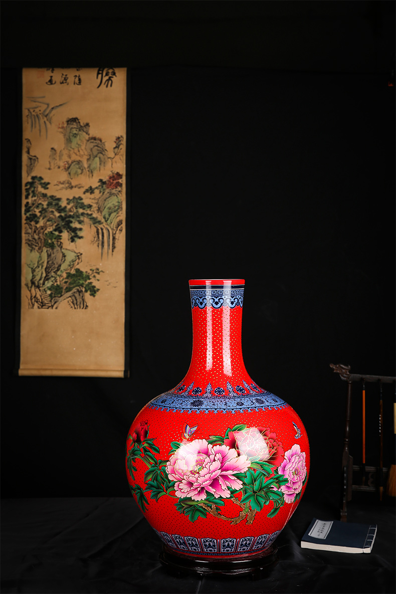 Jingdezhen ceramics vase red pearl glaze new Chinese style household tree flower arrangement sitting room TV ark, furnishing articles