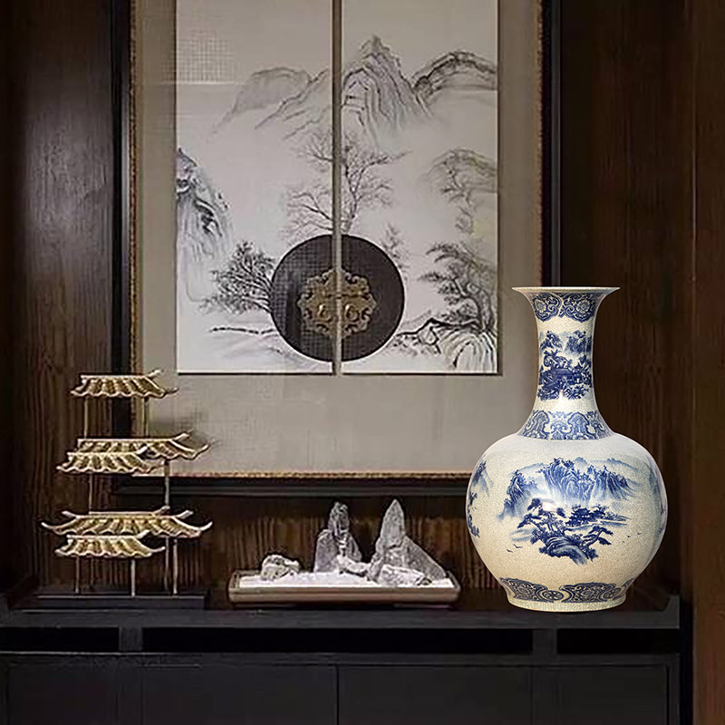 Jingdezhen ceramics ground crack open the slice glaze porcelain vase large bottles of landscape figure Chinese style living room decoration