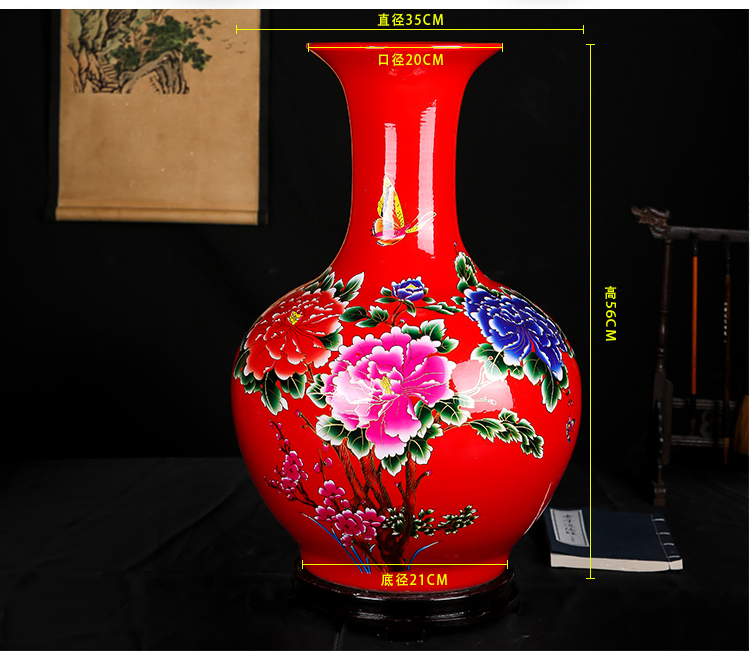 Jingdezhen ceramics vase of red flowers prosperous new Chinese style household design large living room TV ark, furnishing articles