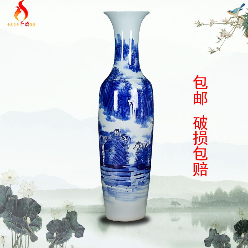 Thousands of flame jingdezhen ceramics of large hand blue and white porcelain vase landscape bright future for the opening place hotel