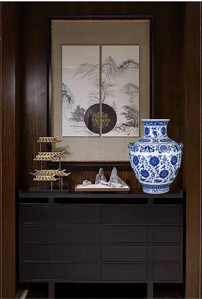 Jingdezhen ceramic hand - made put lotus flower ear vase of blue and white porcelain flower arranging rich ancient frame sitting room of Chinese style household furnishing articles