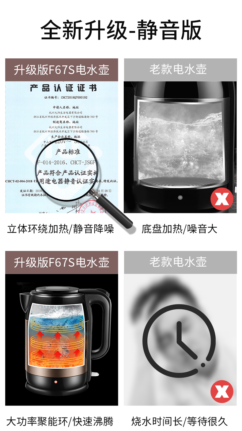 九阳 静音电热水壶 立体加热 进口Strix温控 1.7L 图2
