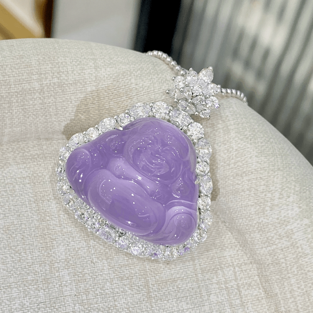 Серебряное ожерелье 新中式花头巴西紫玉髓围镶小佛公吊坠项链女925银镀金轻奢高级感