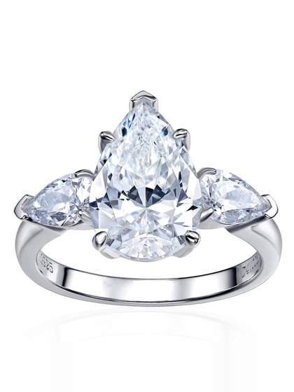 인기있는 Three Stones 3 캐럿 배 모양의 물 방울 시뮬레이션 다이아몬드 반지 여성 925 스털링 실버 도금 18k 금 약간 노란색 결정