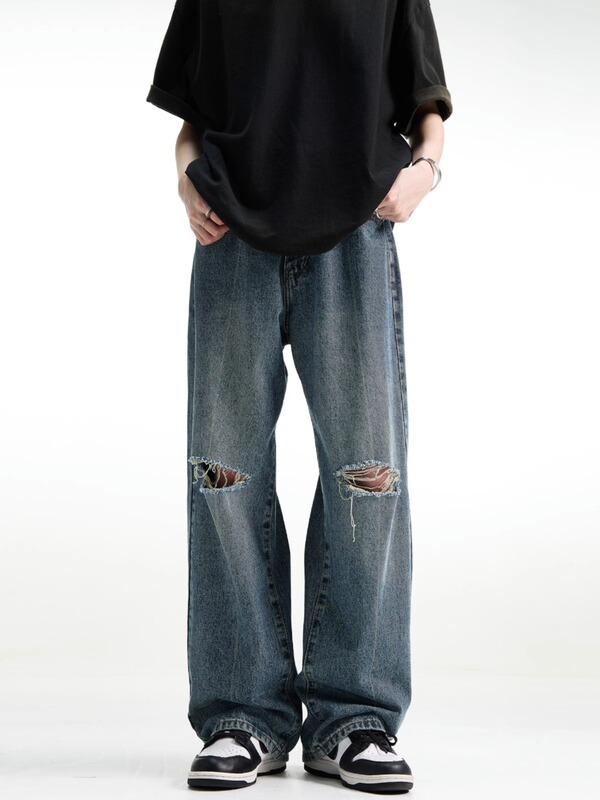 Summer New Style Loose-Fitting Ripped Jeans for Men and Women, American Retro Street Style Slimming Straight Blue Pants Summer New Style Loose-Fitting Ripped Jeans for Men and Women, American Retro Street Style Slimming Straight Blue Pants