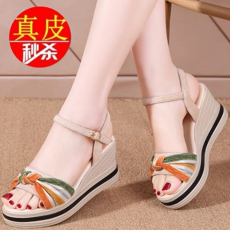 Brand Special Offer Genuine Leather Wedge Soft-Soled Sandals for Women 2025 Summer Versatile Outdoor Thick-Soled Non-Slip High-Heeled Sandals