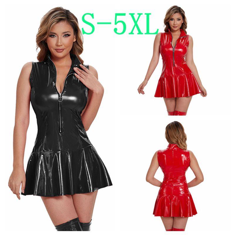 5XL Large Size Pu Leather Umbrella Skirt European and American Women's Sexy Sleeveless Mirror Leather Skirt Elastic Tight Pleated One-Piece Short Skirt