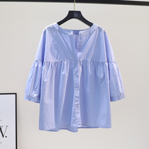 South Korean round collar 7 Sleeves Doll Shirt Woman 2021 Summer Width Little frescoed art Blue Aging Loose Cotton Lining Clothes